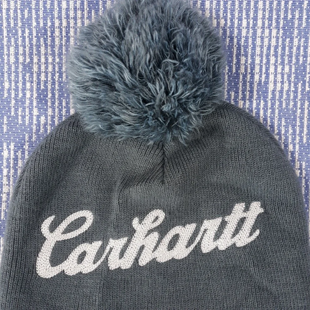 Carhartt Beanie Hat Pom Pom Bobble Knit Gray Spellout Womens One Size Fits All
